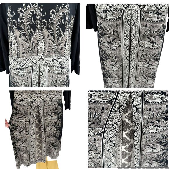 J. Jill Paisley Dress Medium TALL Wearever Black Gray Pleated 3/4 Sleeve Stretch - Picture 6 of 13